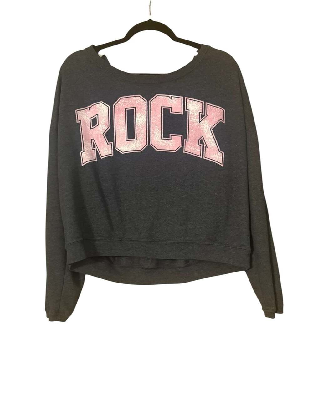 CaliLu Girl Black Graphic CrewSweatshirt with ROCK Lettering and Leopard back
